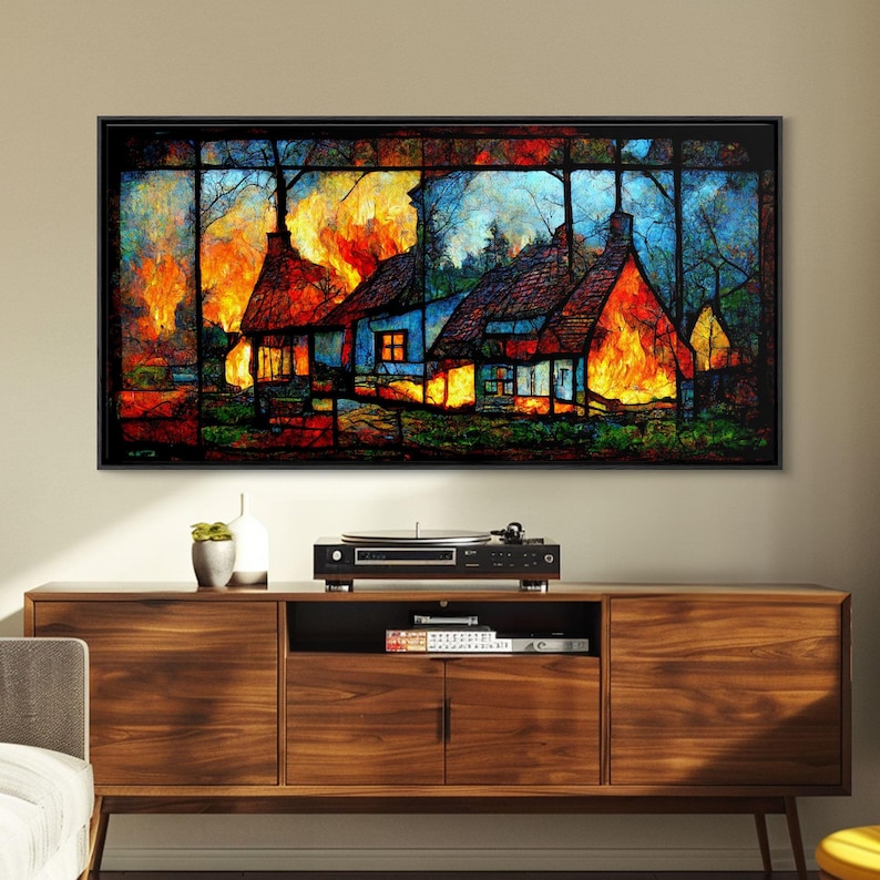 Stained Glass Cottage On Fire, Canvas print, negative art, house on fire depicted in stain glass, cool wall art image 1