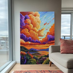 Sunset Sky, Coastal View, Vibrant Nature, Canvas Print, Landscape wall art, boho art, colorful sky painting, Living Room Wall Art