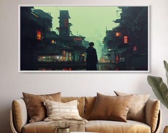 Japanese Style Cyberpunk City, Futuristic Cyberpunk Art, Framed Canvas Print, Ready To Hang Wall Art, Framed Wall Art, Hard Boiled