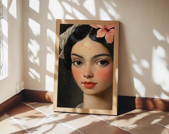 Chicano Portrait of Beautiful Senora, Vintage Style Framed Canvas Print, Mexicana Wall Art
