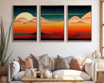 Retro Japanese Style Sunset Art, A Storm Torrent, 3 Piece Wall Art, Ready To Hang Canvas Print