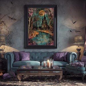Haunted Castle by the Lake Framed Canvas Print, Halloween Wall Art, Spooky Art, Home Decor, Living Room Decor, Gothic Artwork, Creepy Castle image 18