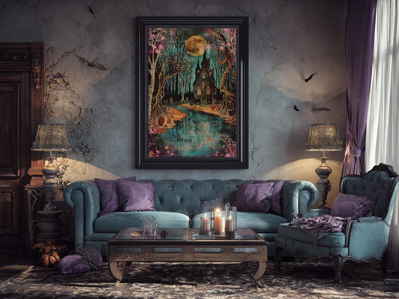 Haunted Castle by the Lake Framed Canvas Print, Halloween Wall Art, Spooky Art, Home Decor, Living Room Decor, Gothic Artwork, Creepy Castle image 18