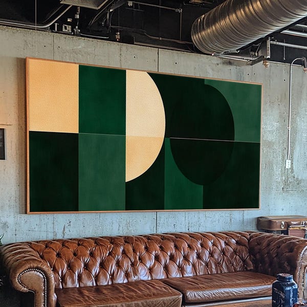 Extra Large Horizontal Emerald Green Geometric Mid Century Modern Wall Art, Framed Canvas Print