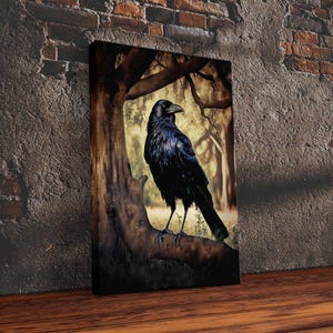 Portrait of a raven, cool crow art, framed canvas print