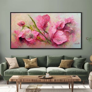 Pink flowers canvas print, oil painting style, living room wall art, guest room art, boho wall decor, floral pattern wall art