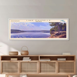 Lake Maumelle Arkansas Framed Canvas Print, Lake House Decor, Panoramic Wall Art, Travel Poster, Scenic Lakeside Painting, Coastal Art