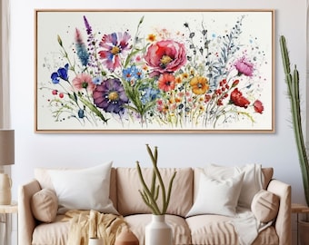 Arte mural con acuarelas de flores silvestres, impresiones florales coloridas, impresión en lienzo enmarcado, impresión original de acuarela, Día de la Madre