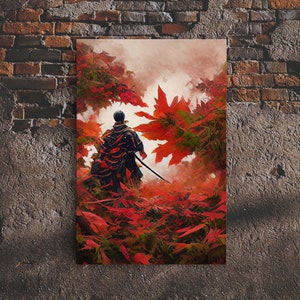 Samurai In a Japanese Maple Forest, Framed Canvas Print, Ready To Hang Framed Wall Art, Living Room Wall Hanging