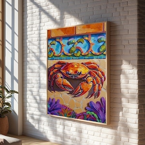 Colorful Crab, Coastal Tile Art, Beachy Wall Accent, Nautical Style, Kitchen Wall Art, Seaside Decor, Canvas Print, Tropical Vibe
