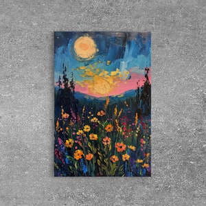 Full Moon Above The Wildflowers, Framed Canvas Print, Woodland Art, Mystical Full Moon Oil Painting, Flowers & Trees, Cute Bedroom Decor