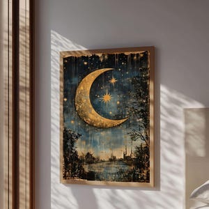 Luna creciente en cielo estrellado, lienzo enmarcado de arte popular, decoración bohemia ecléctica, arte mural minimalista de brujas, decoración melancólica.