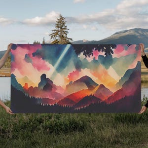 Mountain Artwork Canvas Print, Horizontal Wall Art, Large Watercolor Painting, Panoramic Mountain Print, Modern Landscape Art, Original Art