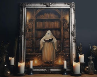 Spooky Ghost Reading A Book, Library Ghost, 8x10 Fine Art Prints, Framed Canvas, Fall Artwork, Cute Halloween Decor