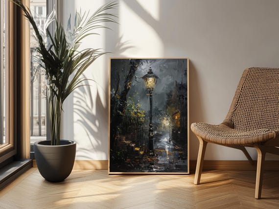 Victorian Street Lamp Oil Painting Framed Canvas Print, Moody Art