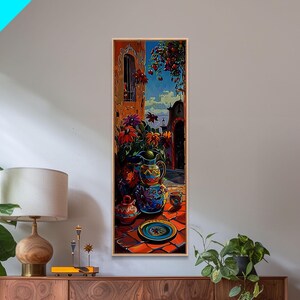 Arte de pared rústico mediterráneo impreso y enmarcado en lienzo, decoración del hogar española, arte de pared largo y estrecho, impresión artística moderna para sala de estar.
