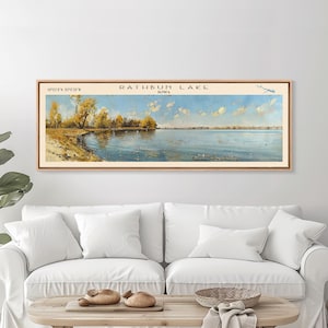 Rathbun Lake Iowa Framed Canvas Print, Lake House Decor, Panoramic Wall Art, Travel Poster, Beautiful Landscape Painting, Living Room Decor
