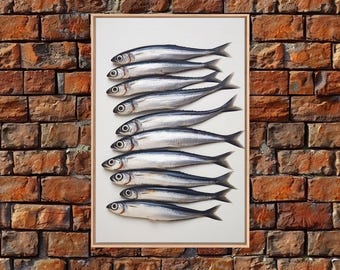Sardines Art Print - Framed Canvas Art - Oil Painting Still Life Print - French Kitchen Art - Restaurant Art - Sardine Still Life - Fish Art