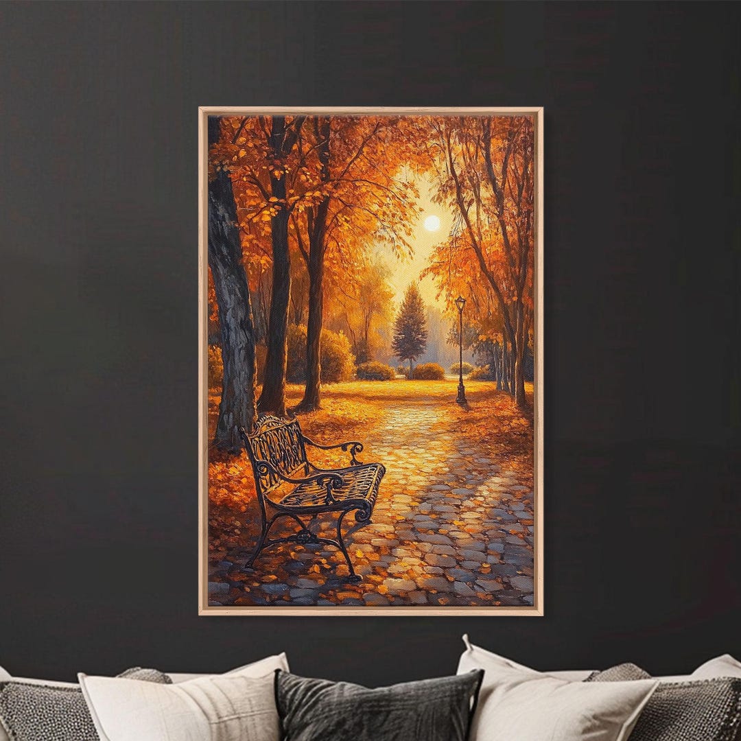 Autumn Park Bench Scene With Trees and Lamppost Framed Canvas Print ...