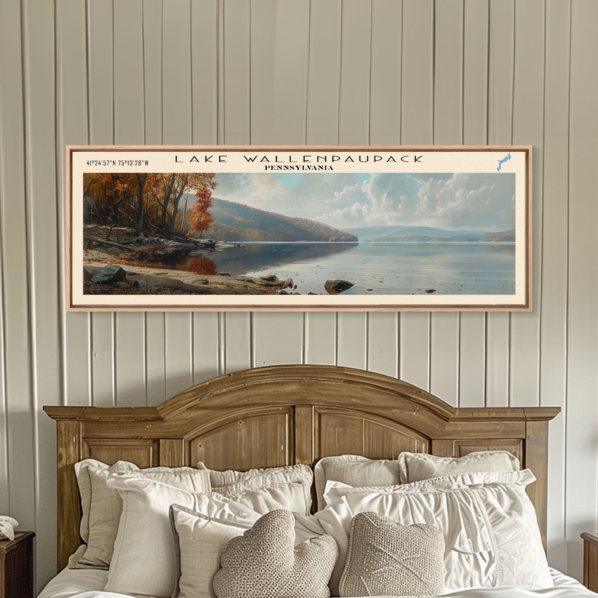 Lake Wallenpaupack Pennsylvania Framed Canvas Print, Lake House Decor Panoramic Wall Art Travel Poster Landscape Painting, Living Room Decor