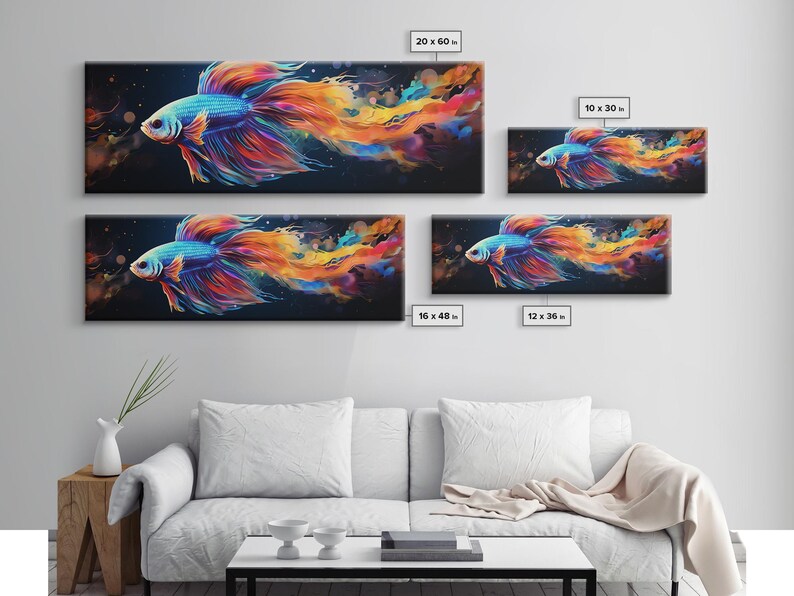 Pintura de pez Betta, arte mural, impresión en lienzo enmarcado, pez luchador siamés, arte mural de acuario, pintura colorida de pez mascota imagen 8