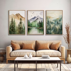 Triptych Framed Canvas Wall Art Set of 3 Green Forest Mountain Nature Landscape Prints Minimalist Modern Art, Woodland Nursery Decor