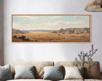 Panoramic Watercolor of Badlands National Park, North Dakota Wall Art, Landscape Painting Travel Art