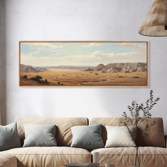 Panoramic Watercolor of Badlands National Park, North Dakota Wall Art, Landscape Painting Travel Art