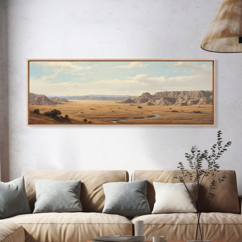 Panoramic Watercolor of Badlands National Park, North Dakota Wall Art, Landscape Painting Travel Art image 1