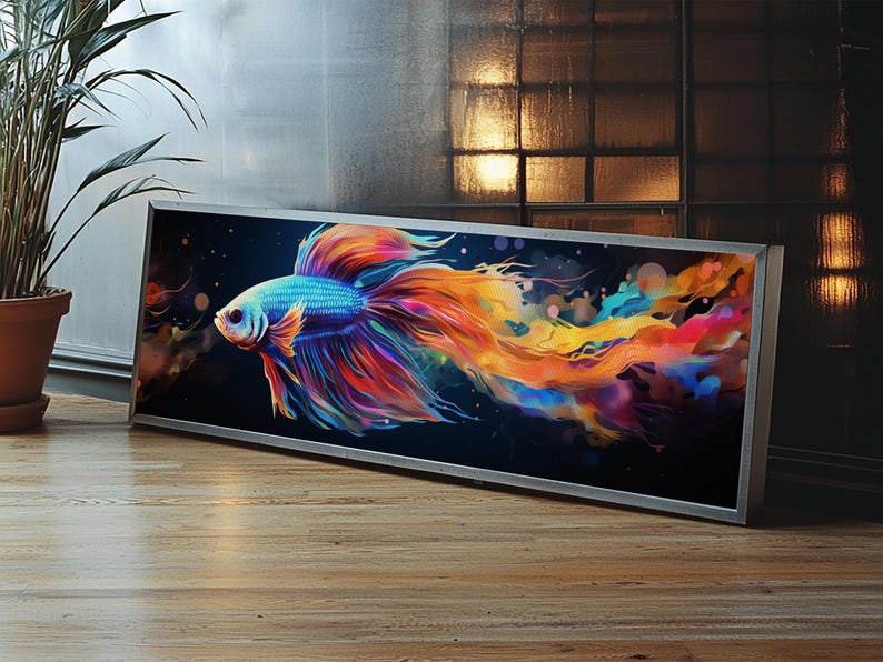 Pintura de pez Betta, arte mural, impresión en lienzo enmarcado, pez luchador siamés, arte mural de acuario, pintura colorida de pez mascota imagen 14