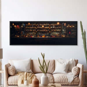 May include: A dimly lit bar with a long wooden counter and shelves stocked with bottles of liquor. The bar is decorated with hanging lights and candles.