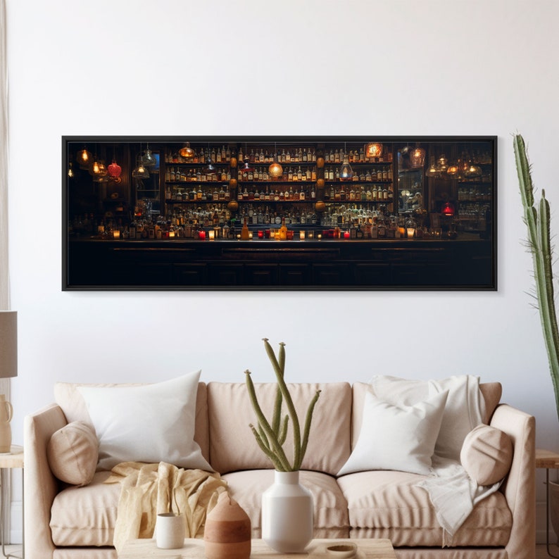 May include: A dimly lit bar with a long wooden counter and shelves stocked with bottles of liquor. The bar is decorated with hanging lights and candles.