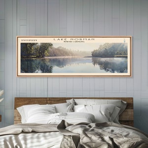 Lake Norman North Carolina Framed Canvas Print, Lake House Decor, Panoramic Wall Art, Travel Poster, Landscape Painting, Contemporary Art