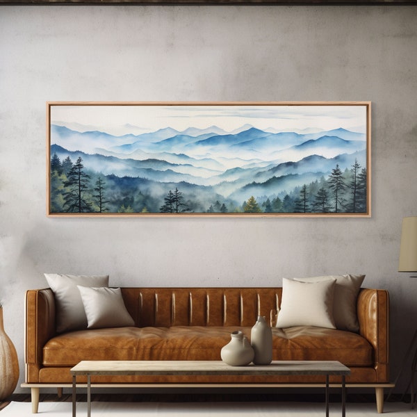 Blue Ridge Mountains National Park Panoramic Watercolor Painting Framed Canvas Print Large Wall Art