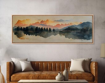 Unique watercolor painting of a forest fire, panoramic canvas print, ready to hang, gloomy wall decor