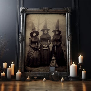 Spooky Witches Art Print, Antique Style Sepia Tone Tintype Photograph Print, Canvas Print, Vintage Halloween Decor, Gothic Witch Wall Art