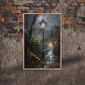 Victorian Street Lamp Oil Painting Framed Canvas Print, Moody Art Print, Nostalgia, Victorian England, Dark Academia, Cottagecore, Rainy Art