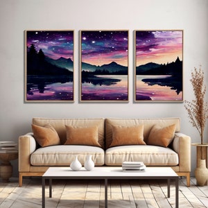 Fantasy Starry Night Magical Forest Landscape, 3 Piece Wall Art, Ready To Hang Canvas Print, Cool Unique Living Room Wall Art Decor image 1
