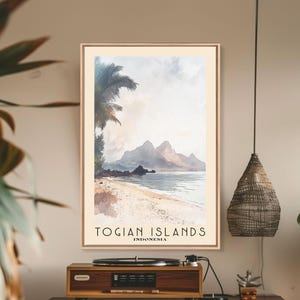 Togian Islands, Indonesia Watercolor Beach Print, Vacation Gift, Indonesia Wall Art, Framed Canvas Print, Framed Beach Painting
