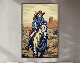 Western Cowgirl Deco, 24x36 Canvas Print, Equestrian Wall Art, Cowboy Decor, Southwestern Art, Wild West Retro Decor, Western Comic Book Art