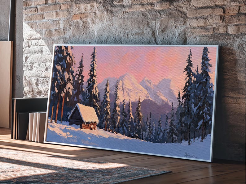 Snowy Mountain Cabin Tall Art Framed Canvas Print Cozy Winter Cabin ...