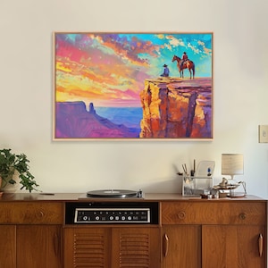Wild West Art Print, Vintage / Retro Cowboy Wall Art, Framed Canvas or Metal Art, Midcentury Modern Watercolor Painting, Cowboy at Sunset