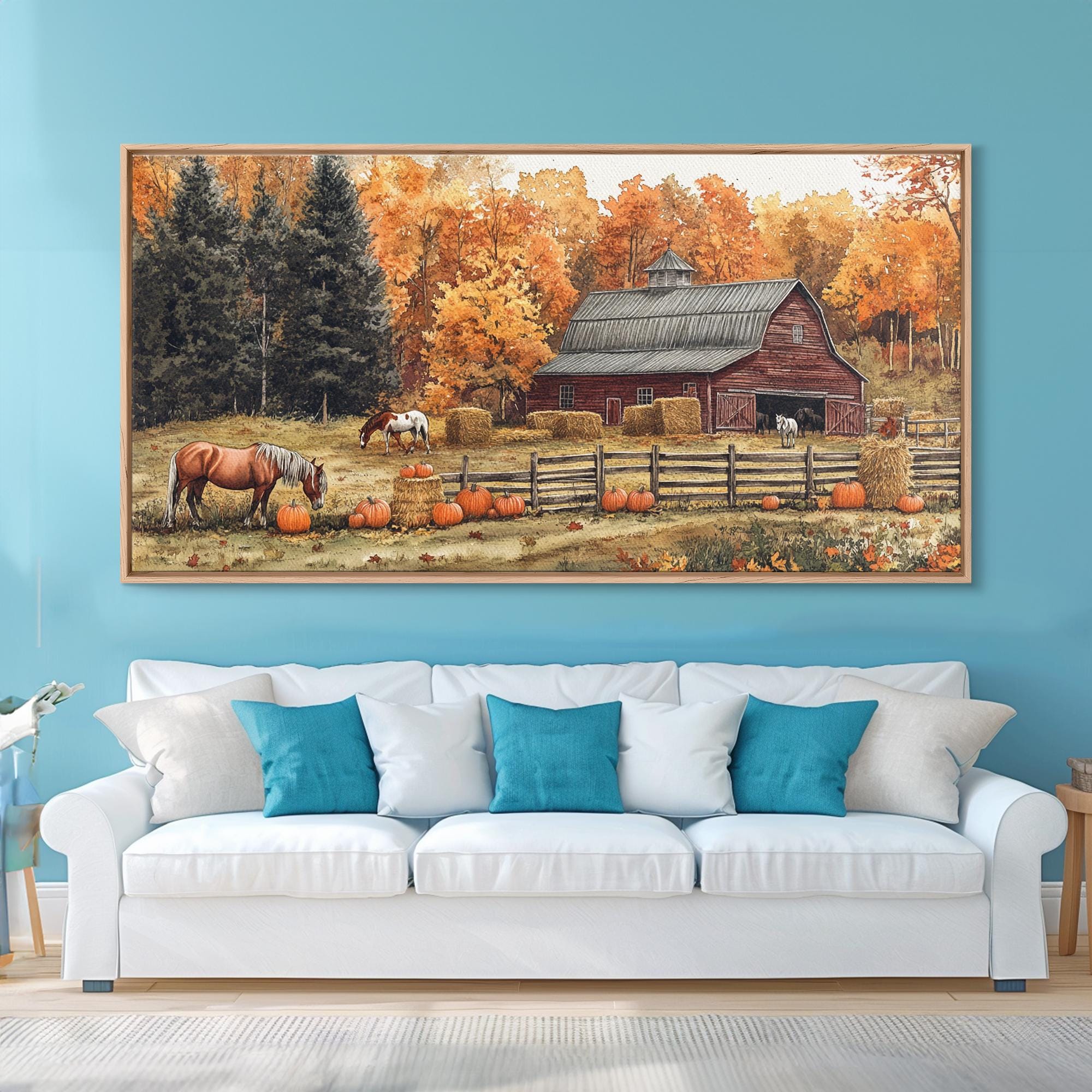 Autumn Barn Pumpkin Horses Canvas Print Farmhouse Fall Decor Seasonal ...