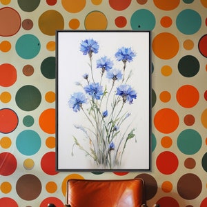 Blue Bachelor Buttons Art Print - Framed Giclee Oil Painting Print - Oil Painting Still Life Original - Large Flower Canvas Print or Poster