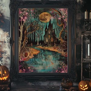 Haunted Castle by the Lake Framed Canvas Print, Halloween Wall Art, Spooky Art, Home Decor, Living Room Decor, Gothic Artwork, Creepy Castle image 6