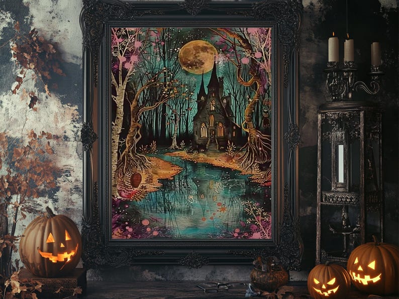 Haunted Castle by the Lake Framed Canvas Print, Halloween Wall Art, Spooky Art, Home Decor, Living Room Decor, Gothic Artwork, Creepy Castle image 6