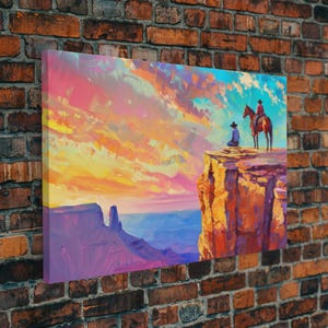 Wild West Art Print, Vintage / Retro Cowboy Wall Art, Framed Canvas or Metal Art, Midcentury Modern Watercolor Painting, Cowboy at Sunset image 13