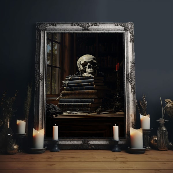 Gothic Victorian Book Shelf With Skull, Vintage Canvas, Art Canvas Print, Dark Academia, Gothic Victorian, Reading Gifts, Halloween Decor