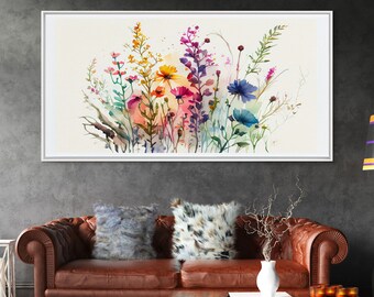 Wildflower Canvas Print, Watercolor Flowers, Farmhouse Decor, Meadow Grass, Bedroom Wall Decor, Pastel Colors, Botanical Greenery