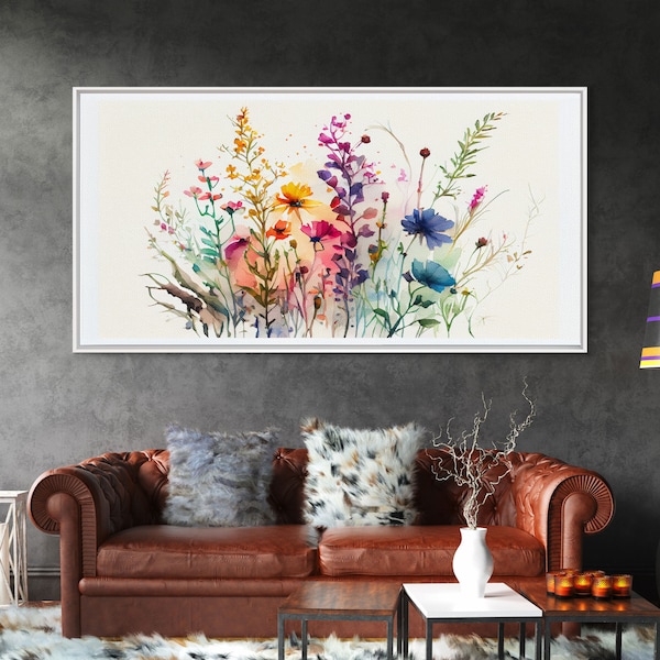 Wildflower Canvas Print, Watercolor Flowers, Farmhouse Decor, Meadow Grass, Bedroom Wall Decor, Pastel Colors, Botanical Greenery